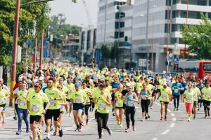 Street full of participants shortly after the start of the race at the Wings for Life World Run in Bratislava, Slovakia on May 8, 2017