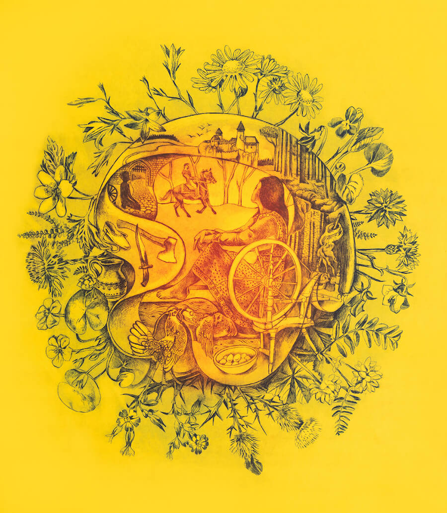 Zlatý kolovrat I, KYTICE, (yellow), etching, 56x64cm, 2020