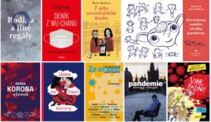 Obálky knih o koronaviru, koláž pš