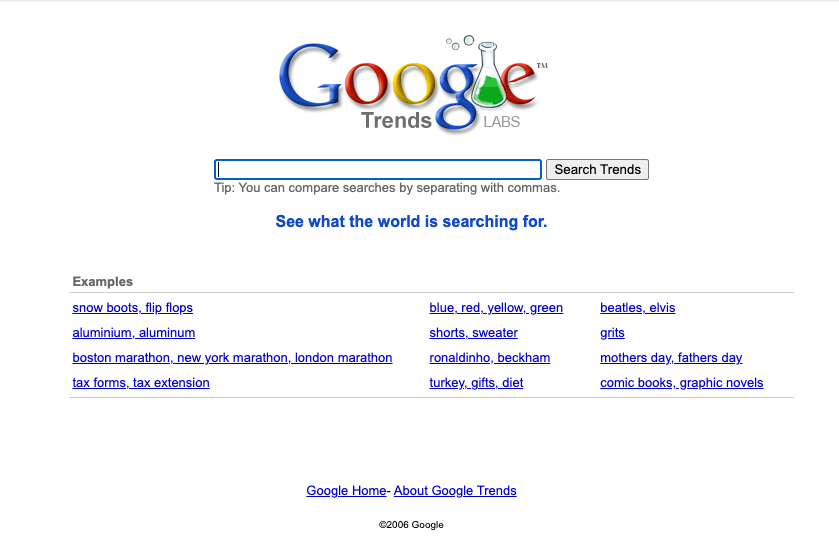 Google Trends Homepage v roce 2006