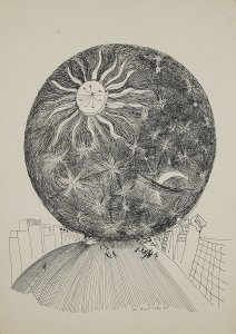 František Hudeček, Vesmír v ulici, 1941, tuš, papír, 45,1 × 33 cm, Galerie hl. města Prahy