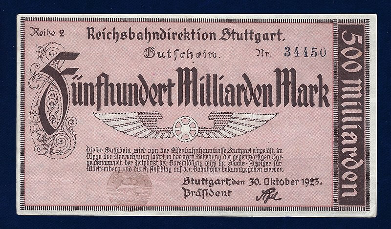German Railways Banknote 500000000000 Mark 1923 Hyperinflation Notgeld Stuttgart, Obverse