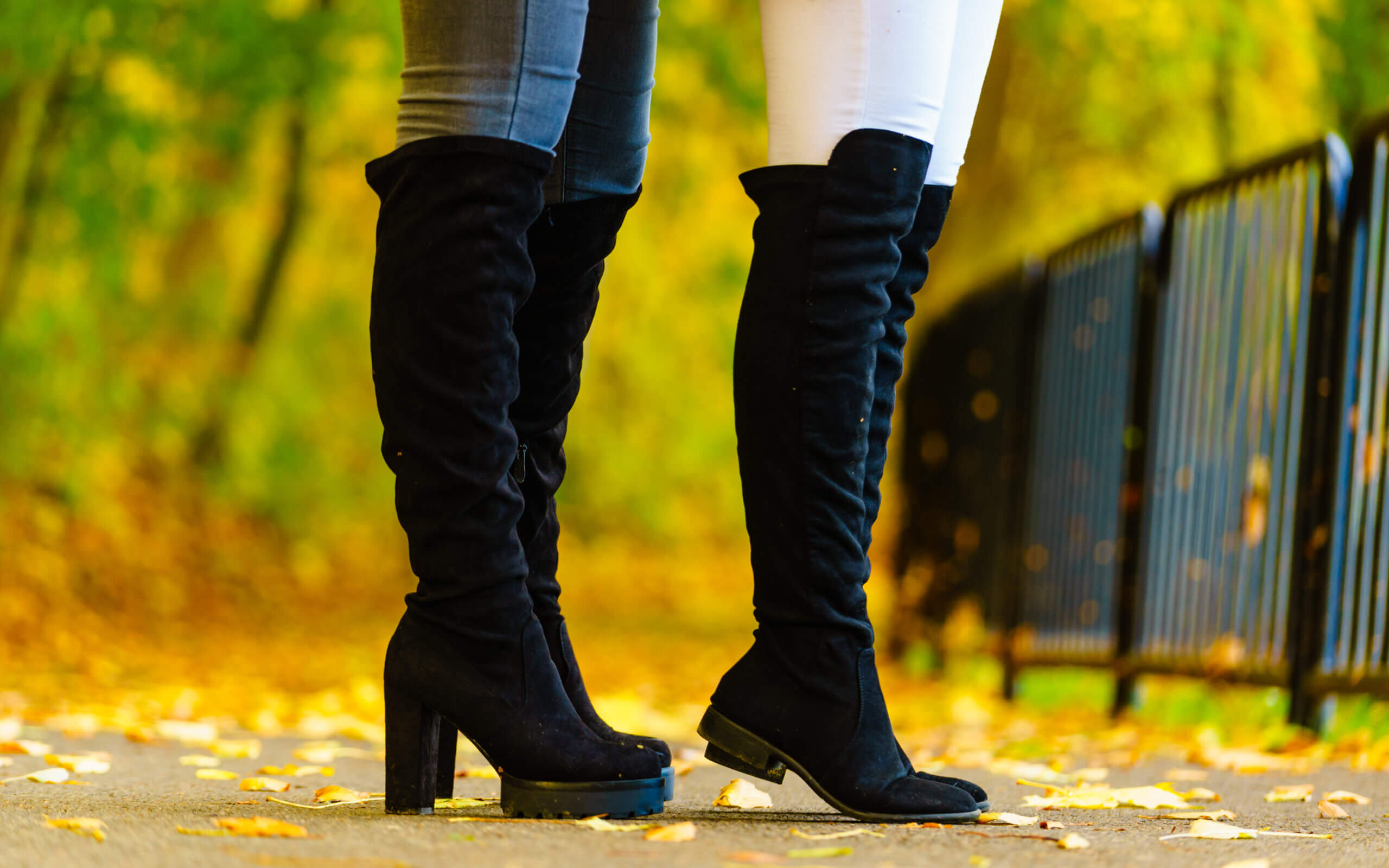 Two unrecognizable women wearing long black heeled knee high boots and jeans. Autumn fashion, warm footwear boots.