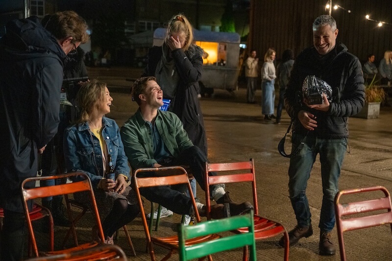 (from left) Renée Zellweger, Leo Woodall and director Michael Morris on the set of Bridget Jones: Mad About the Boy.