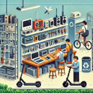 DALL·E 2025 03 03 08.39.15 A Flat 8 Bit Pixel Art Scene Of A Reuse Center Focused On Refurbished Electronics. The Image Features Shelves Filled With Refurbished Electroni
