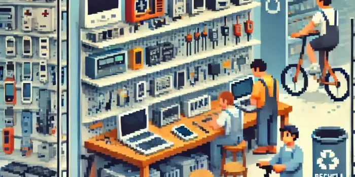 DALL·E 2025 03 03 08.39.15 A Flat 8 Bit Pixel Art Scene Of A Reuse Center Focused On Refurbished Electronics. The Image Features Shelves Filled With Refurbished Electroni