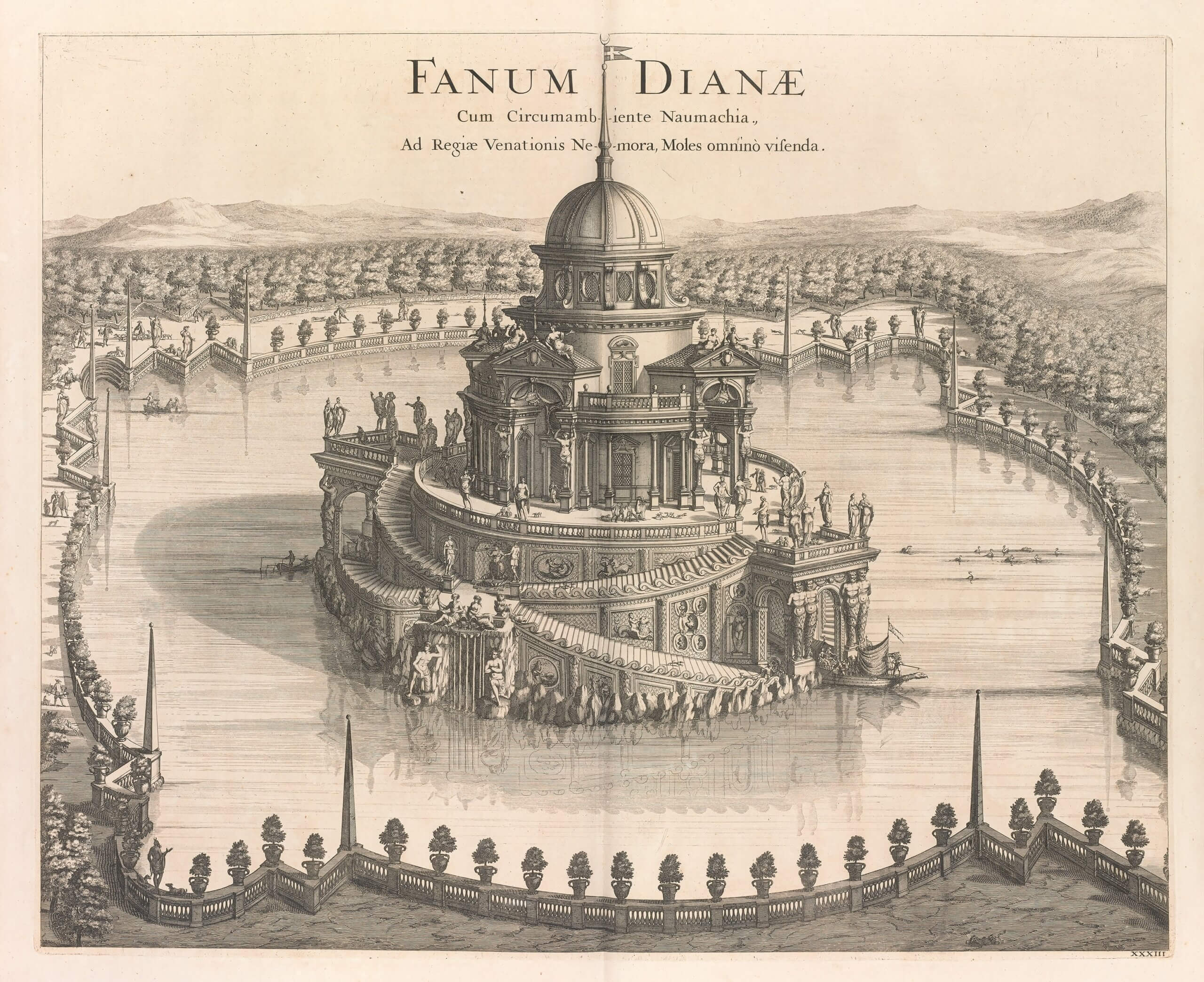 Neznámý rytec, Dianin chrám v zahradě zámku Venaria blízko Turína, 1682, mědiryt z alba Joana Blaeua, Nouum Theatrum Pedemonti et Sabaudiae.